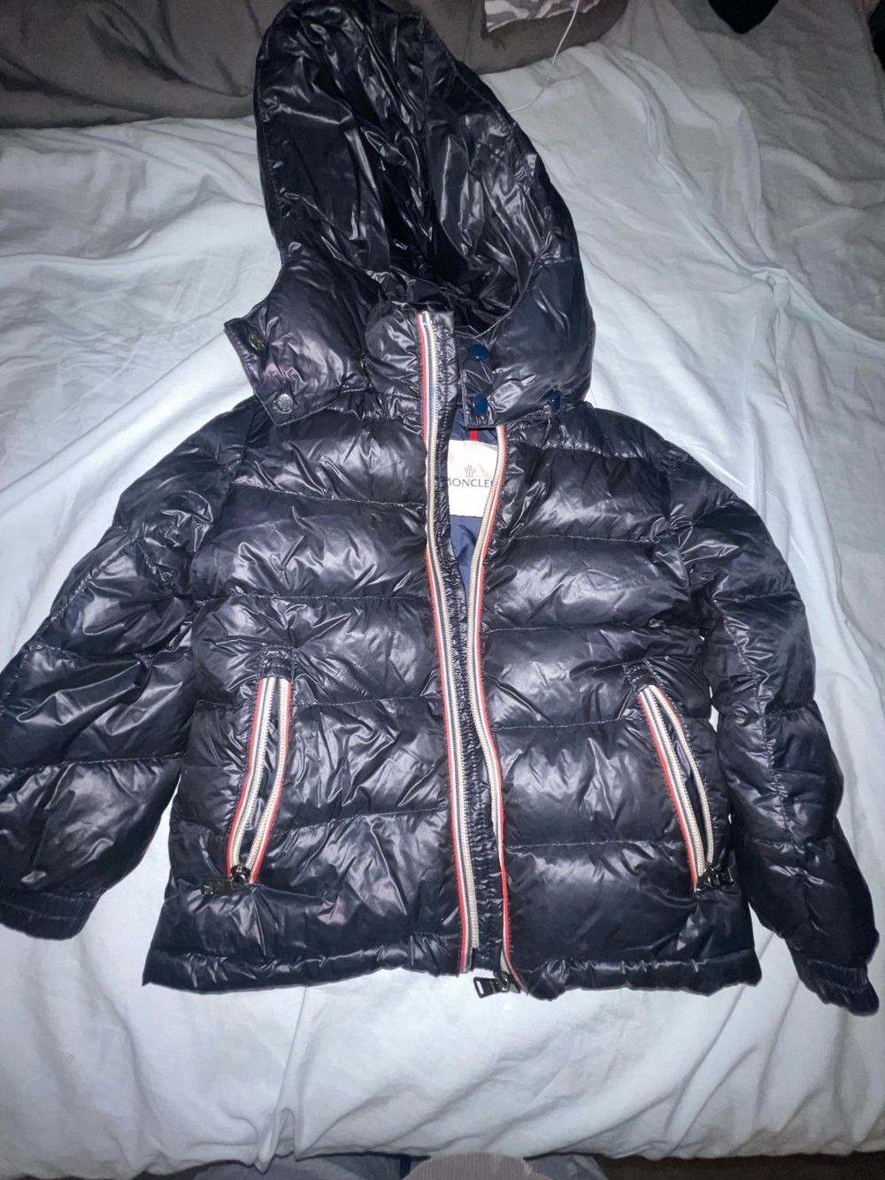 Moncler Kids Navy Blue Hooded Puffer Jacket with Trimmed Zippers